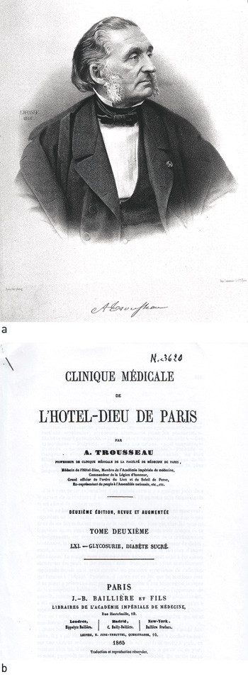 Figur 3  a) Armand Trousseau. Litografi av J.B.A. Lafosse fra 1866 (CC BY 4.0). b) F&oslash;rstesiden av artikkelen fra 1865 hvor&hellip;