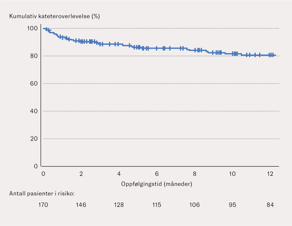 Figur 1 Kumulativ kateteroverlevelse etter 12&nbsp;m&aring;neder for 172 pasienter som fikk anlagt peritonealt dialysekateter ved Oslo&hellip;