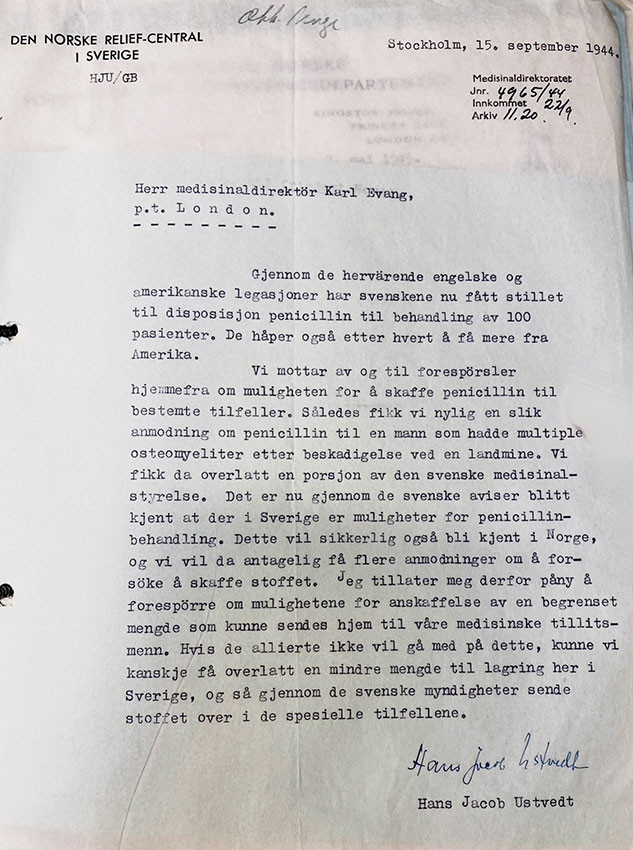 Figur 2 Tidligste dokumenterte penicillinbehandling i Norge (15). Brev datert 15.9.1944 til medisinaldirekt&oslash;r Karl Evang ved&hellip;