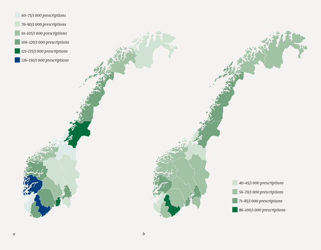 Figure 1 Total prescribing rates for all asthma drugs in different counties per 1 000 children in a) the 0&ndash;4 age group and b&hellip;